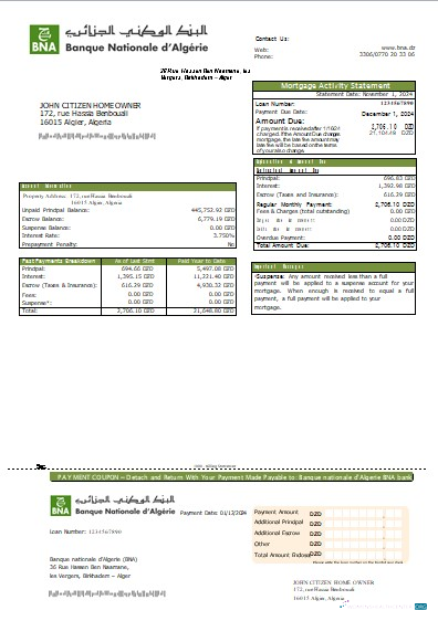 Download Algeria Banque nationale d'Algerie (BNA) bank mortgage statement scr Photoshop template